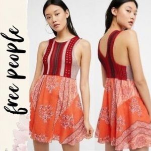 FREE PEOPLE Katie Mini Dress floral striped crochet tank top size large